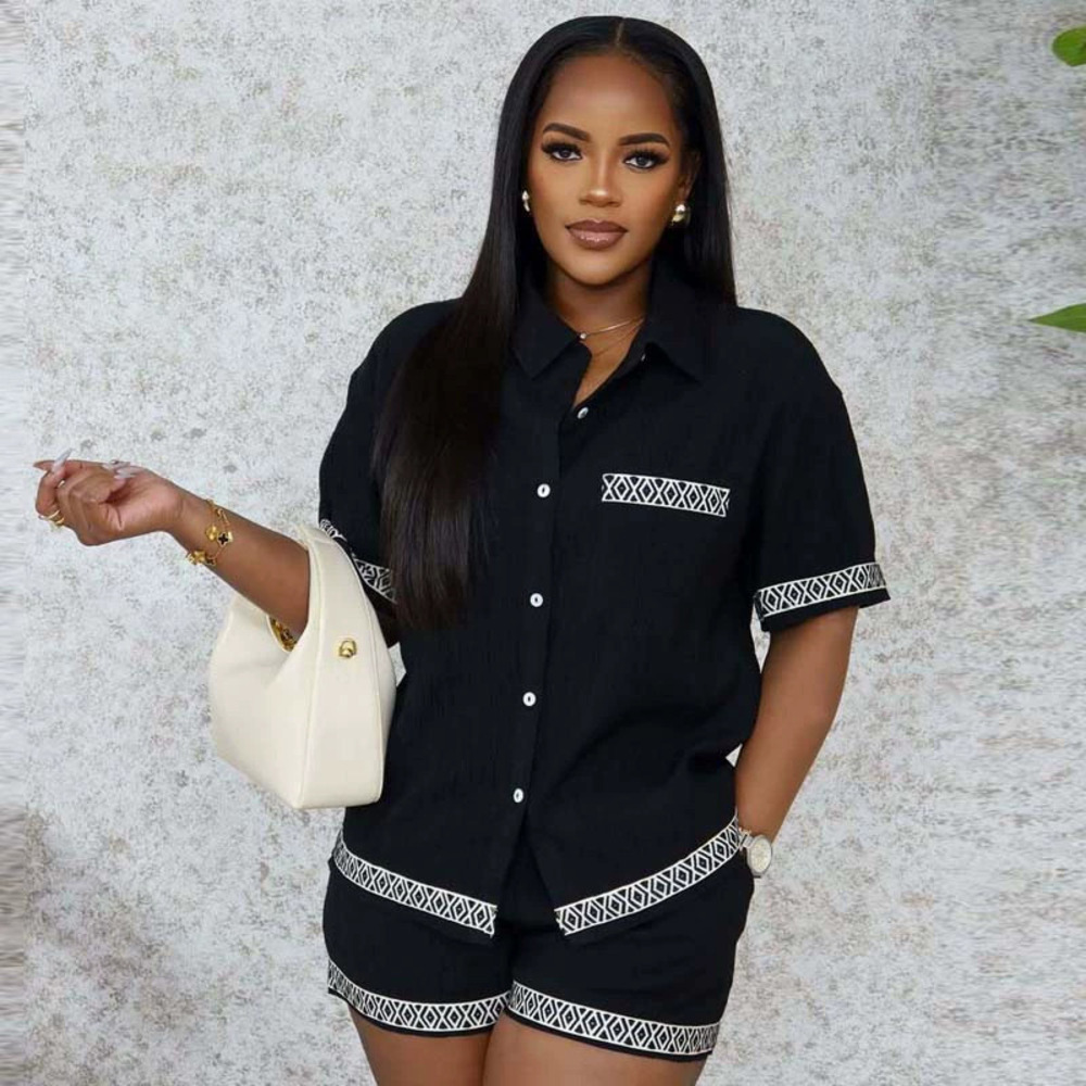 ZARA African Contrast Collar Short Sleeve Shirt and Shorts Summer Set